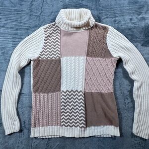 Liz Claiborne Petite PM Patchwork Turtleneck Sweater Cream Blush Cable Knit